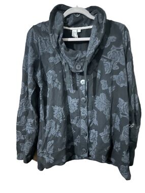 Orb Black & Charcoal Floral Rose Button Front Cowl Neck Sweater Jacket Sz Large